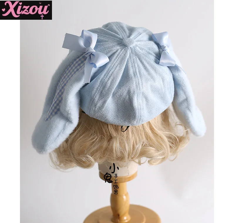 Original water color plaid rabbit ear hat subculture y2k beret cute house culture cute two-dimensional star anise hats for women