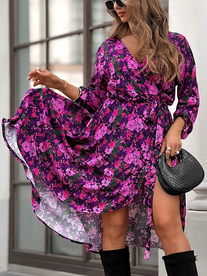 

Temperament Slim Pleated Midi Dresses Casual V-neck Floral Printed Party Dress Elegant Women High Waist Long Sleeve A-line Dress