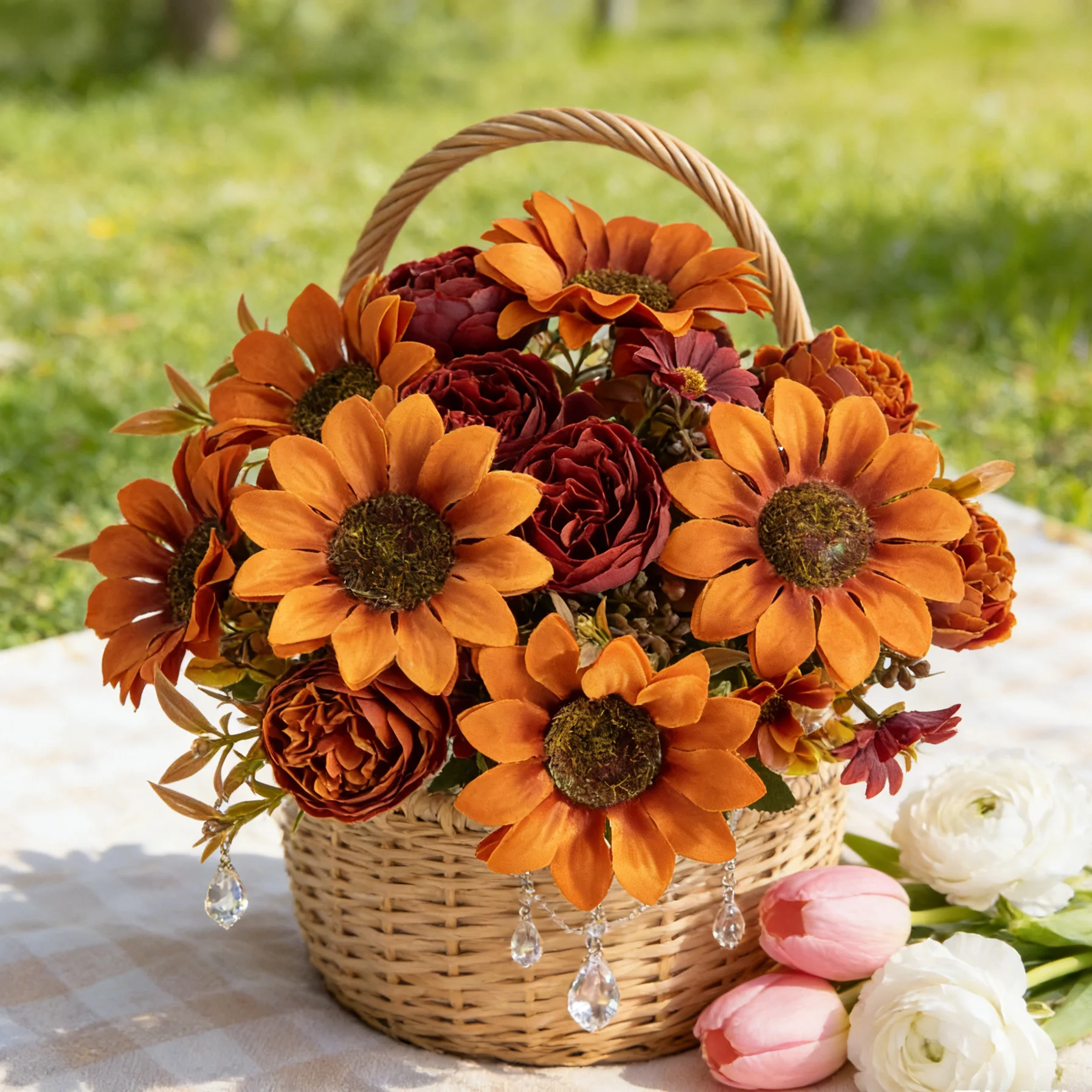 6 Stück Künstliche Blumen aus Seide, Hängende Sonnenblumen, Festkranz, Hochzeitsstrauß, Dekoration für Zuhause, Zimmer, Vasen, Fensterbänke, Herbstdekoration – Detail 6