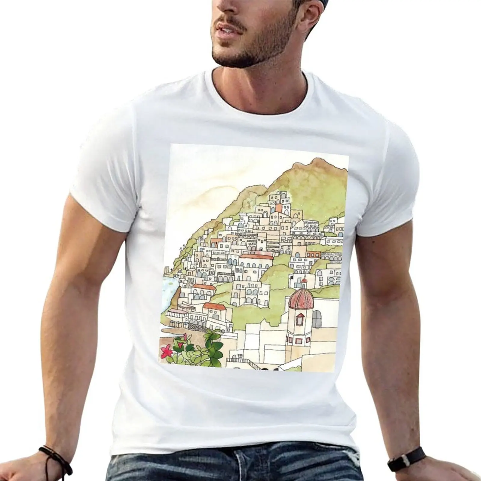 

Positano Ink and Watercolor T-Shirt t shirts with prints cotton t shirts high quality man t shirt heavy cotton T-shirt