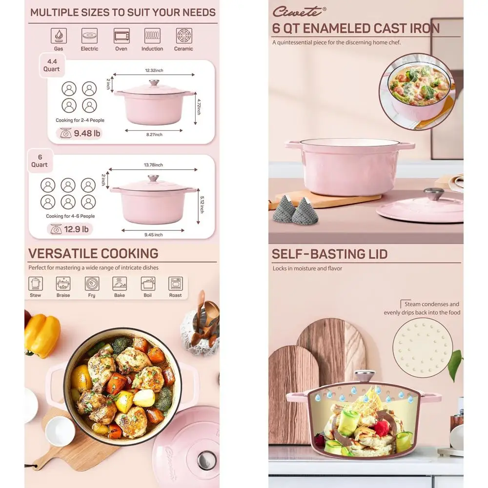 

Эмалированная чугунная голландская кастрюля с крышкой, идеально подходит для хлеба, тушения, приготовления пищи, духовки и плиты, розовая