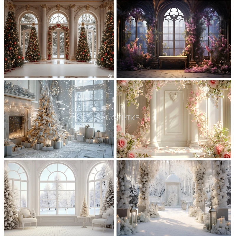 

Christmas Decoration New Year Front Door Porch Photography Backdrop Props Window Winter Xmas Room Holiday Background RS-05