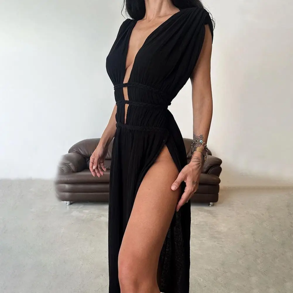 Vestido con panel de cuerda trenzada Vestido largo elegante con hombros descubiertos y correas trenzadas para mujer Vestido veraniego de playa de vacaciones de color sólido
