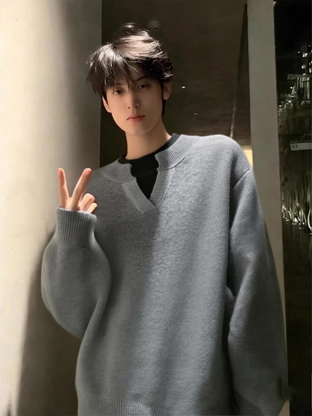 

ay V-Ne Knitwear Men's Winter Inner Henry Collar oulder Width Regular Length Casual Sle Soft Loose Fit Long Sve