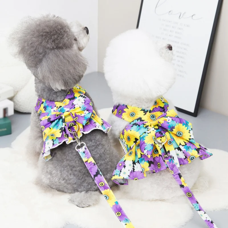 Spring and Summer Bow Dog Collar Skirt Pet Harness Puppy Clothes Princess Dresses Flower Printing Cute Harness Vest Breast Strap