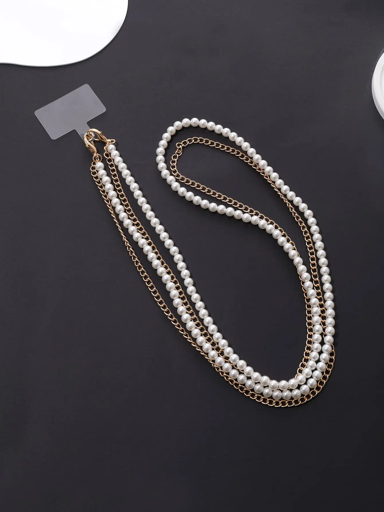 8mm pearl double chain long diagonal cross hand phone strap with transparent card