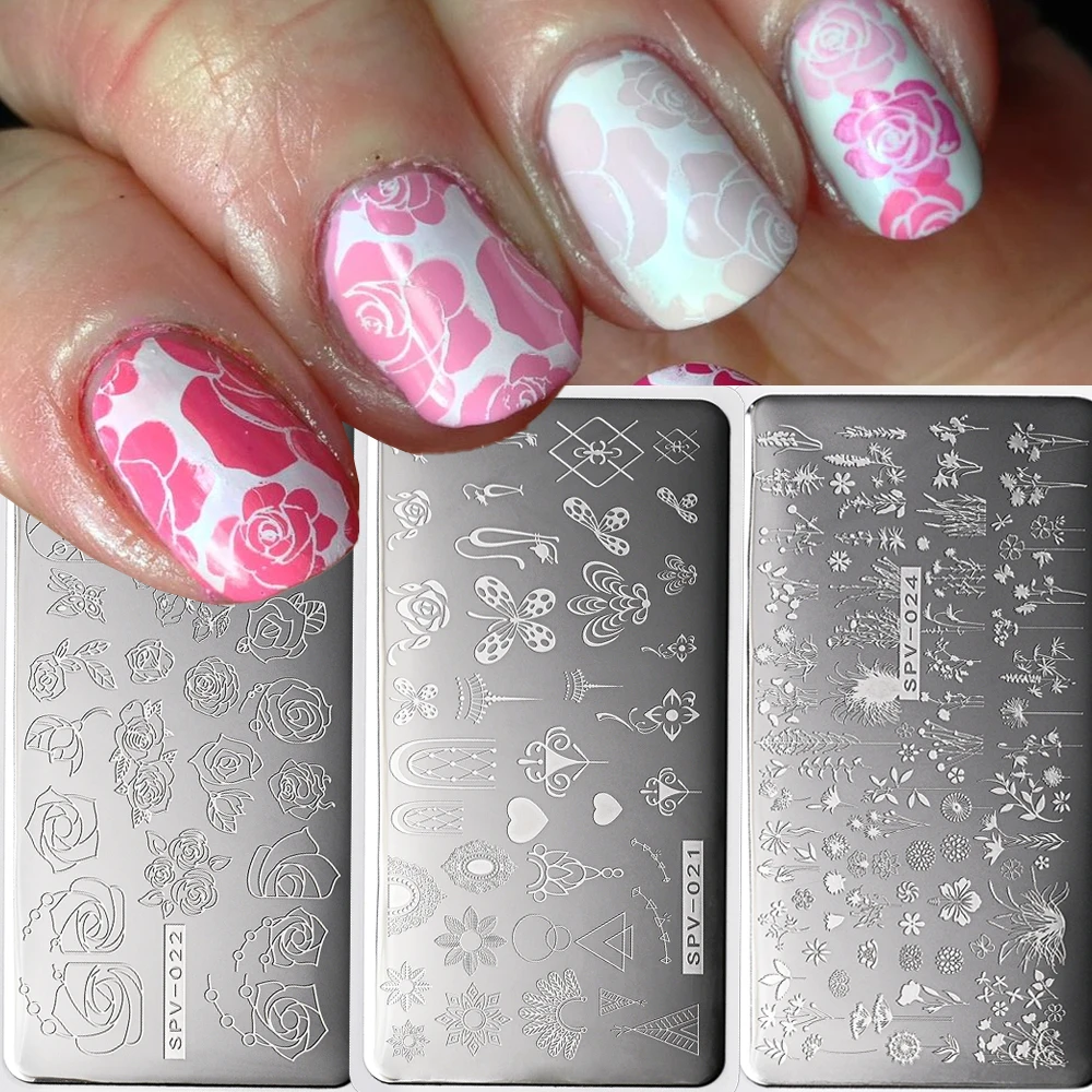 Rose Flowers Heart Love Nail Stamping Plates Valentine's Day Cute Floral Leaves/Butterflies/Marble/Checkerboard Nail Art Stencil