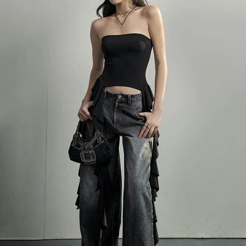 

Y2k Tank Tops Asymmetrical Fringed Ruffle Top Streetwear Black Strapless Womans Summer Clothes Tank Top Women 2025