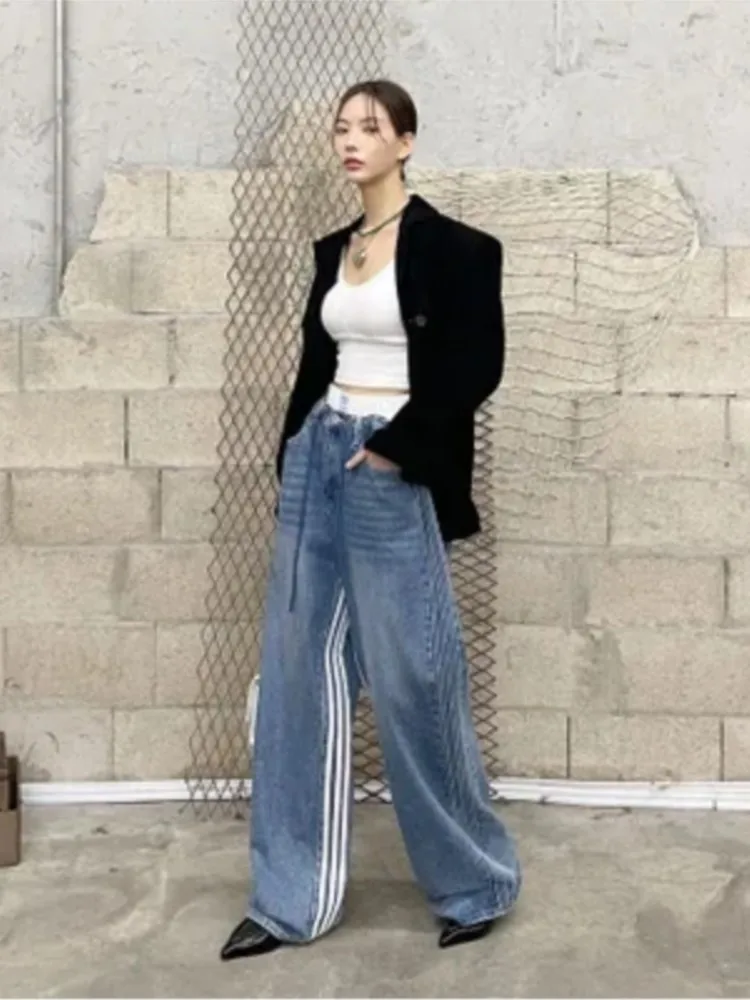 Jeans Autumn Long Wide Leg Pant Women Striped Patchwork Fashion Retro Ladies Trousers Korean Style Loose Pleated Woman Pants