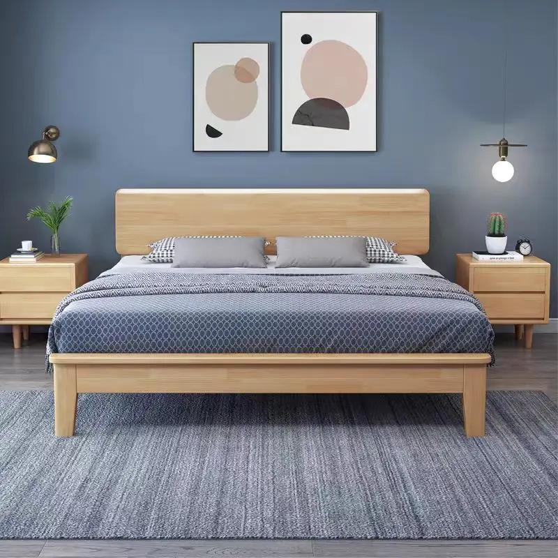 %&Fashionable Simple Nature Solid Wooden Master Bedroom Household Double King Size North European Style Oak Color Wood Bed