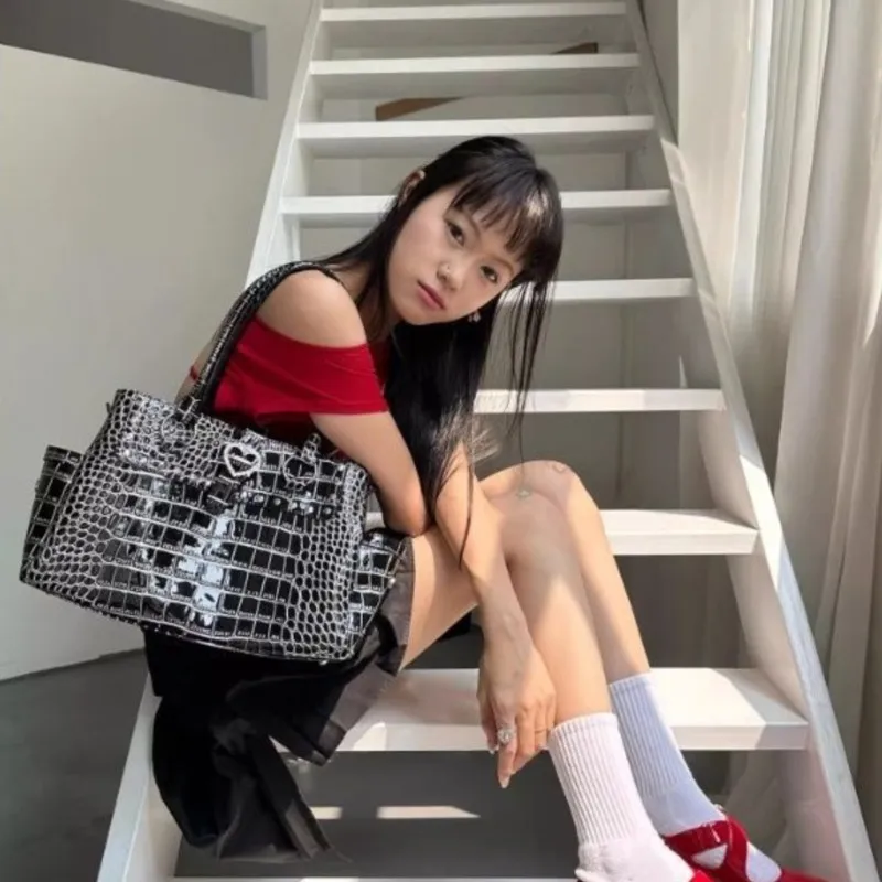 JIAERDI Hot Girl Rivet Crocodile Embossed Tote Bag Women Sweet