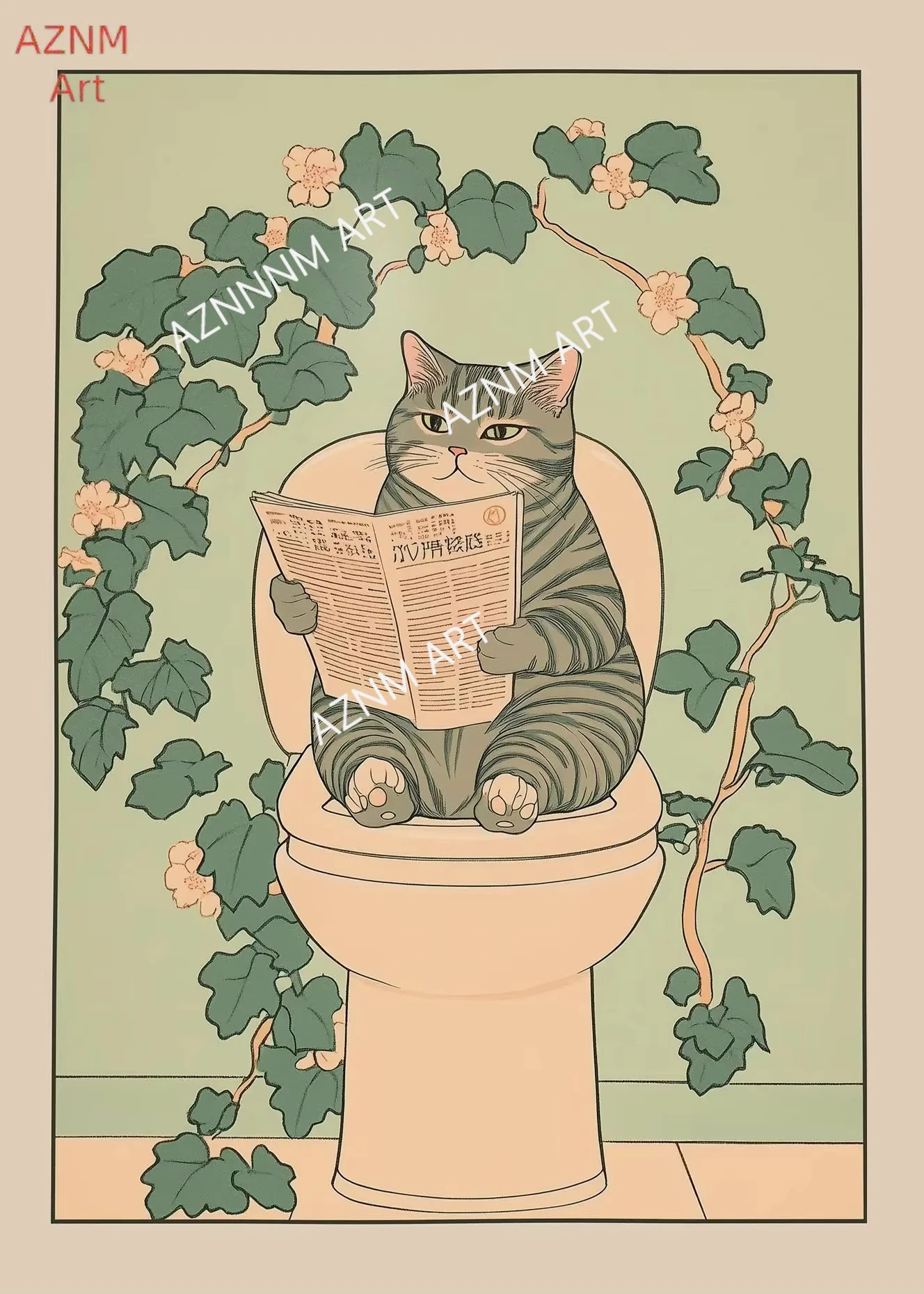 Scottish Cat in A Bathtub Poster Print Black Cat Tabby Cat Eating Ramen Canvas Painting Japanese Wall Art Bathroom Kitchen