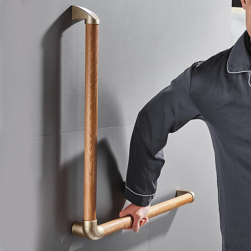 

L-shaped Black Wood Bathroom Handrail Safety Grab Bars Elderly Handicapped Items Wall Mount Anti-Slip Toilet Bar Shower Handle