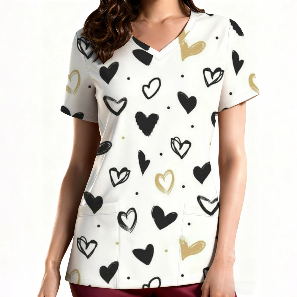 女性用花柄看護ユニフォーム レディース半袖Vネック介護従事者看護師作業用医療スクラブユニフォームブラウストップスユニフォーム