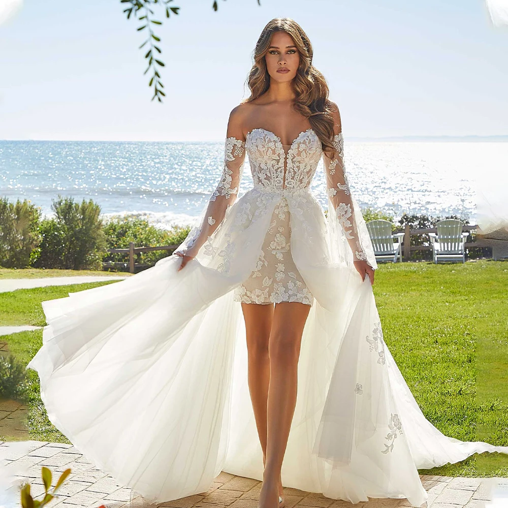 short wedding dress with train Mini Satin Dresses Off The Shoulder Detachable Trai TANYA BRIDAL (plus size +3 Short Bridal Wedding Dress with