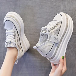 Zapatos informales con plataforma de 8CM para mujer, zapatillas deportivas con decoración de diamantes de imitación brillantes, con cordones, transpirables, suela gruesa