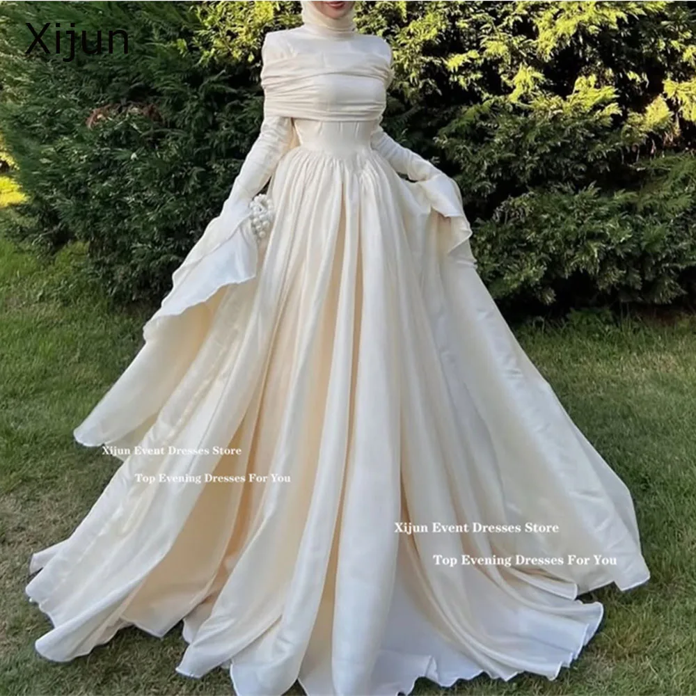 

Xijun Luxury Beige Long Evening Dresses Pleated A-Line Long Sleeves Prom Dresses Modest Ruched Dubai Formal Prom Gowns Customize