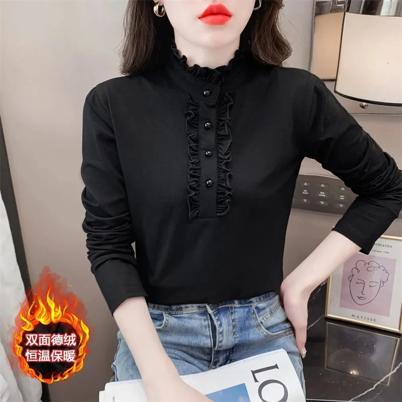 Autumn and Winter Luxury Temperament Wood Ear Edge Plush Shirt for Female Mother Decoration with Warm Long Sleeve Top for Female