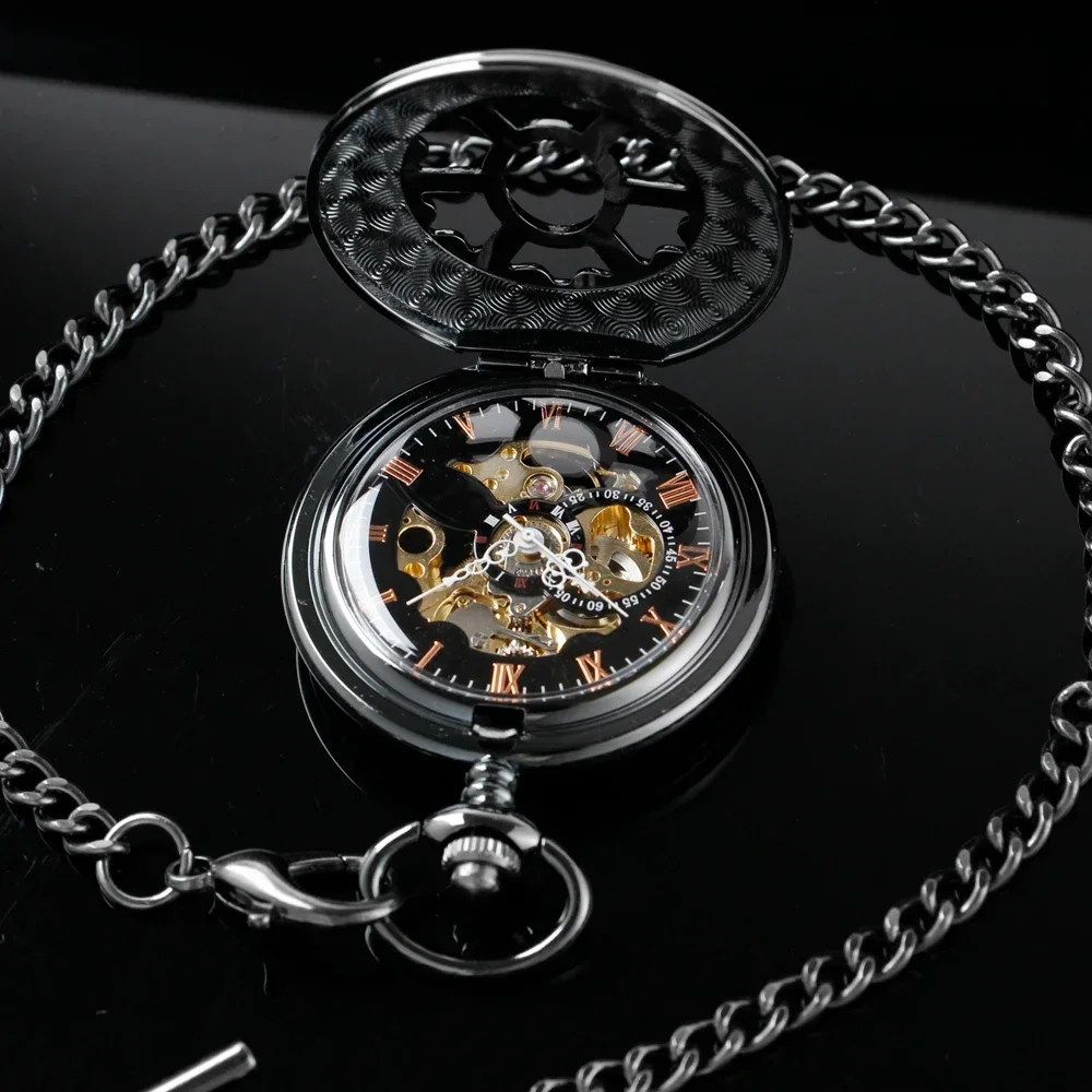 Luxury Black Hollow Case Roman Number Dial Design Steampunk Mechanical Pocket Watch With Chain Gift To Men Women