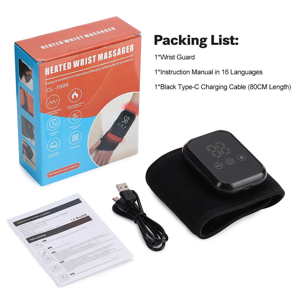 Beheizte Handgelenkbandage mit Vibration, Wärmende Handgelenkstütze 3 Wärmestufen 3 Massagemodi mit Timer, USB Kabellos für Links Rechts – Detail 9