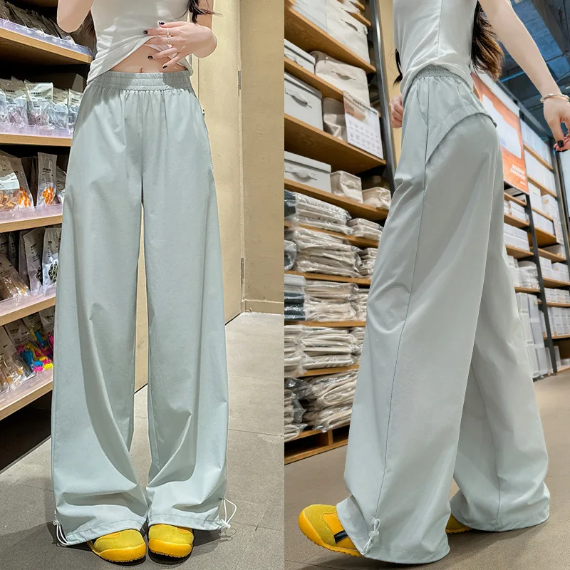 Grijze sneldrogende cargobroek voor dames, zomer dunne stijl2025Nieuwe casual petite wijde broek Hoge taille Amerikaanse stijl joggingbroek