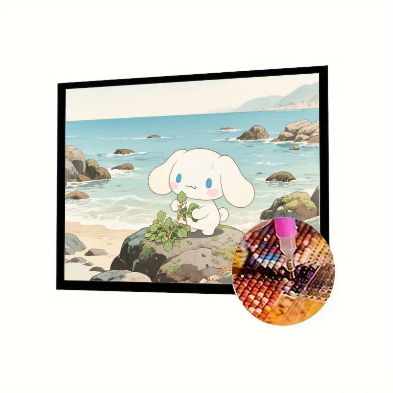 

1PC Cinnamoroll Beach Scenery 5D Diamond Painting Kit - Cute Cartoon Dog Holding Green Plant By Ocean Full Drill Round/Square Rh