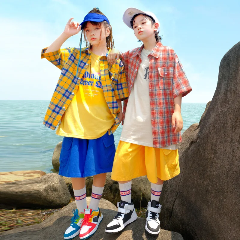 Summer Kids Hip Hop Costume Plaid Short Sleeve Shirt Loose Shorts Boys Drum Performance Suit Jazz Dancewear Fashion Clothing