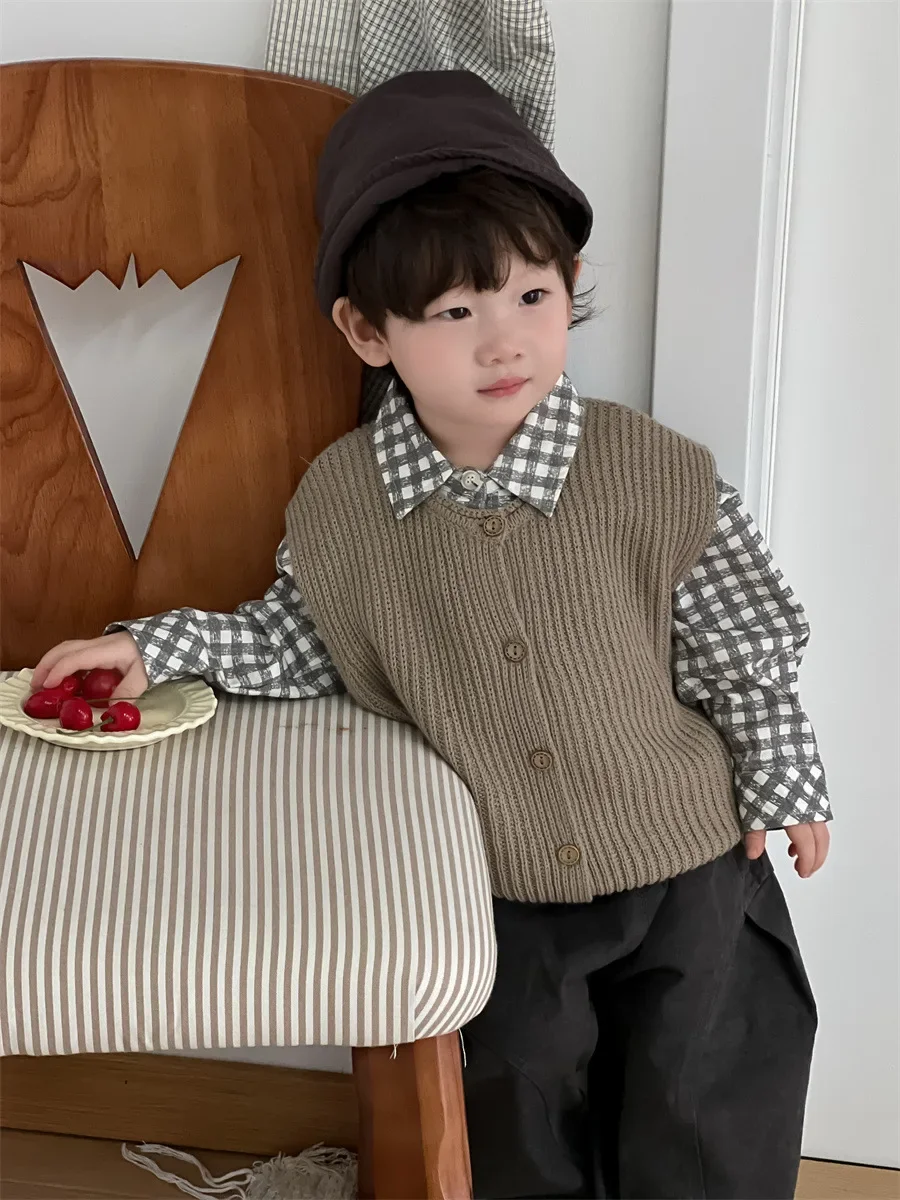 2025 primavera novo bebê sem mangas colete de malha sólido meninos casual cardigan infantil da criança quente malha colete jaqueta roupas do bebê