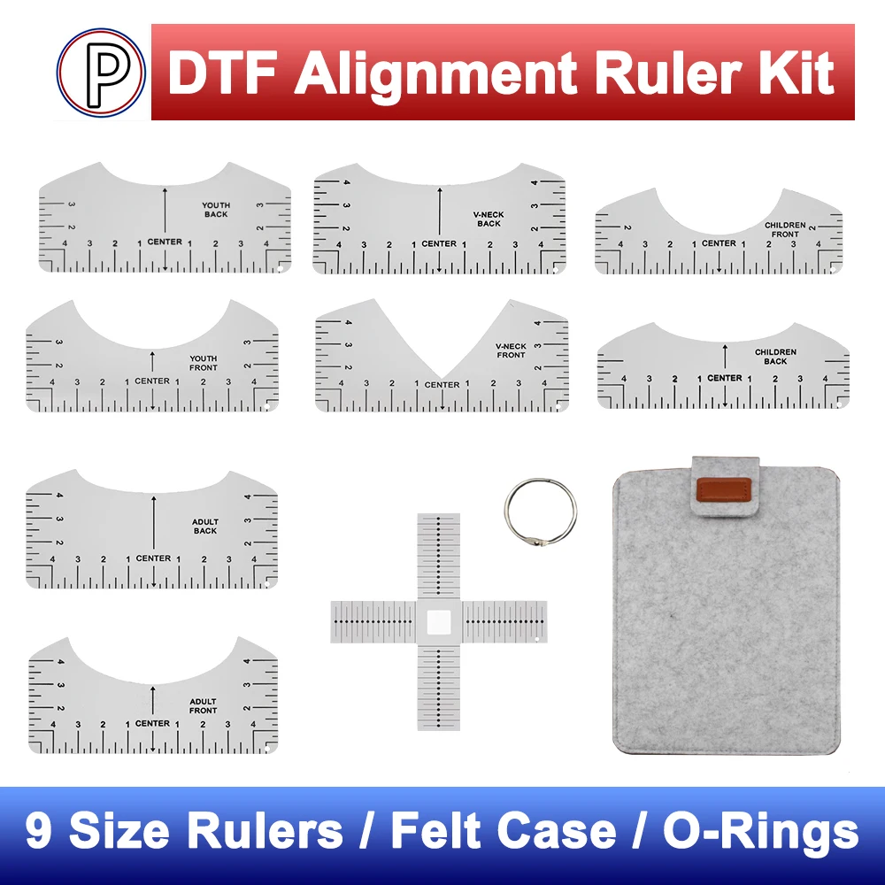 

Newest DTF DTG Vinyl Alignment Ruler Kit with Felt Case for Heat Press Measurement Tool Centering X-Ruler V-Neck Round PVC Ruler