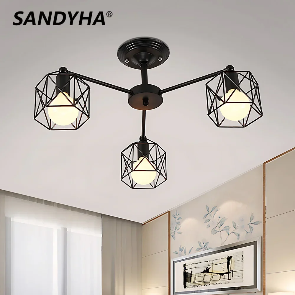 

Northern Europe Modern Black Chandelier Iron Cage Ceiling Lamp Fixtures Kitchen Luminiare Bedroom Living Room Home Decor Lights