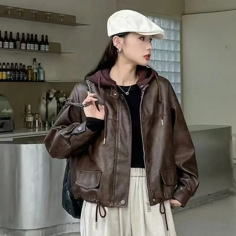 

2025 Female Fashion Faux Leather Coat Autumn Winter Ladies Detachable Hooded Jacket Korean Women Long Sleeves PU Leather Outwear