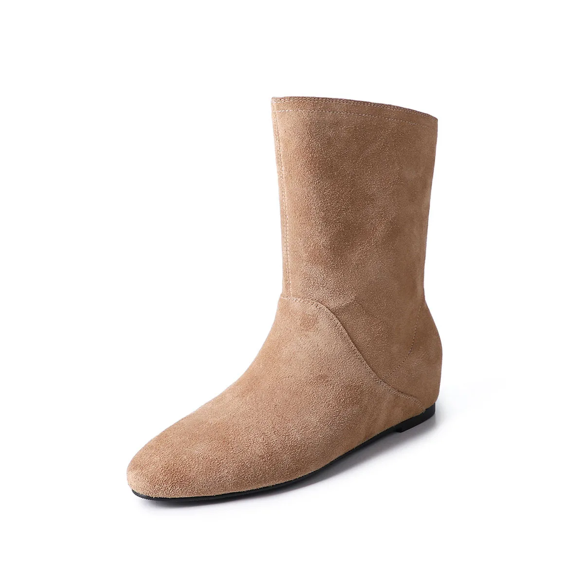 Arden Furtado Autumn Cow Suede Increased Internal Short Boots Round Toe Slip-On Middle Heel Modern Boots Large Size Boots