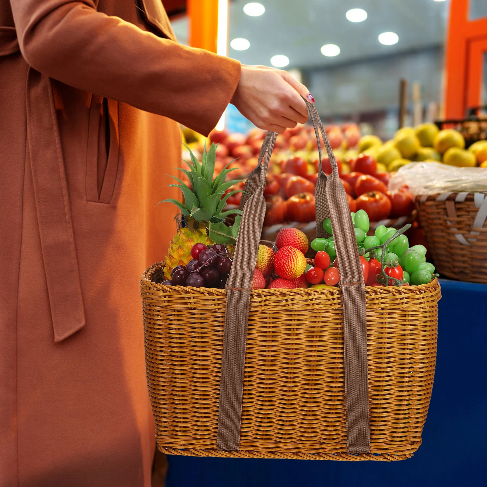 

Handwoven Basket Natural Handmade Storage Holder Portable Fruit Container Creative Kitchen Picnic Basket Handle Bag