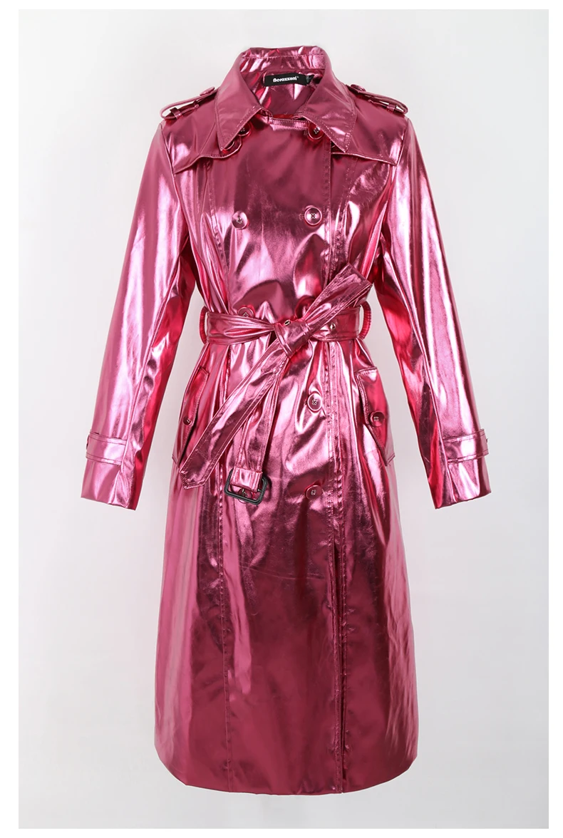 Nerazzurri Spring Autumn Long Shiny Reflective Patent Leather Trench Coat for Women Sashes Double Breasted European Fashion 2022