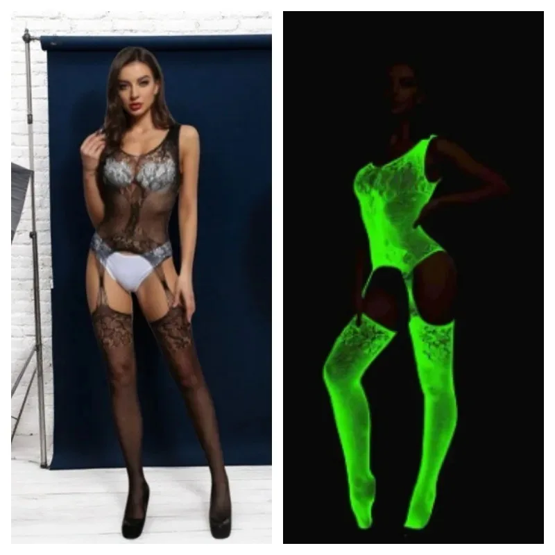 

Glow in the Dark Erotic Underwear for Women - Sexy Lingerie Suspenders Jacquard Hollowed Out Mesh BodyStockings | for Role Play