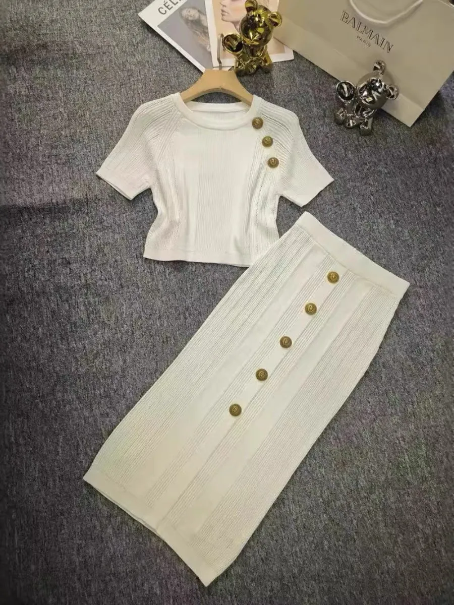 Vintage Slim Knit 2 Pcs Skirt Sets Women 2024 Summer Gold Buttons Short Sleeve Sweater + Pencil Long Skirt Outfits Matching Set