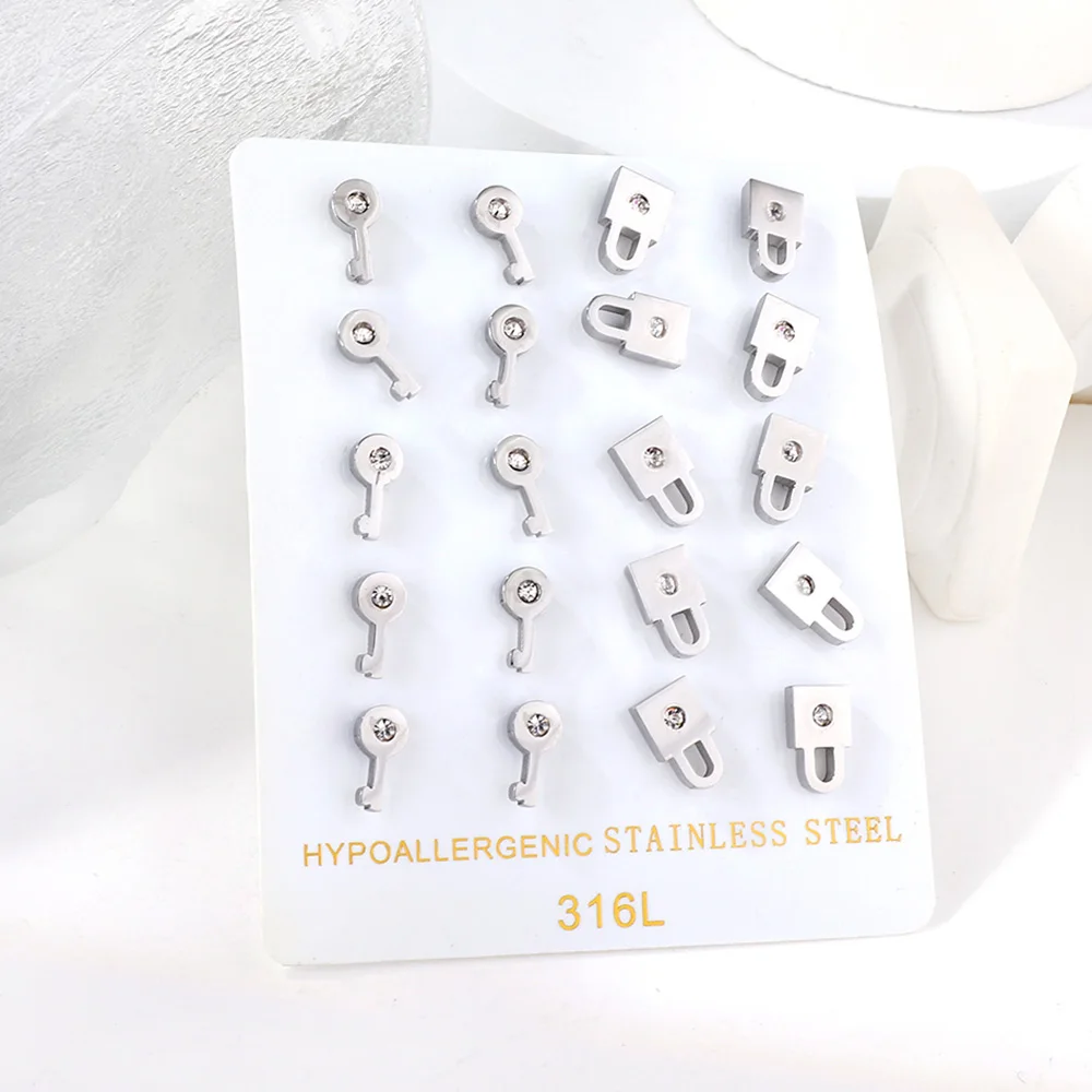 LUXUKISSKIDS 10Pairs/Card Symmetry Stud Earrings Cute Star Moon Lock Key Astronaut Aesthetic Korean Jewelry For Women/Men Gifts