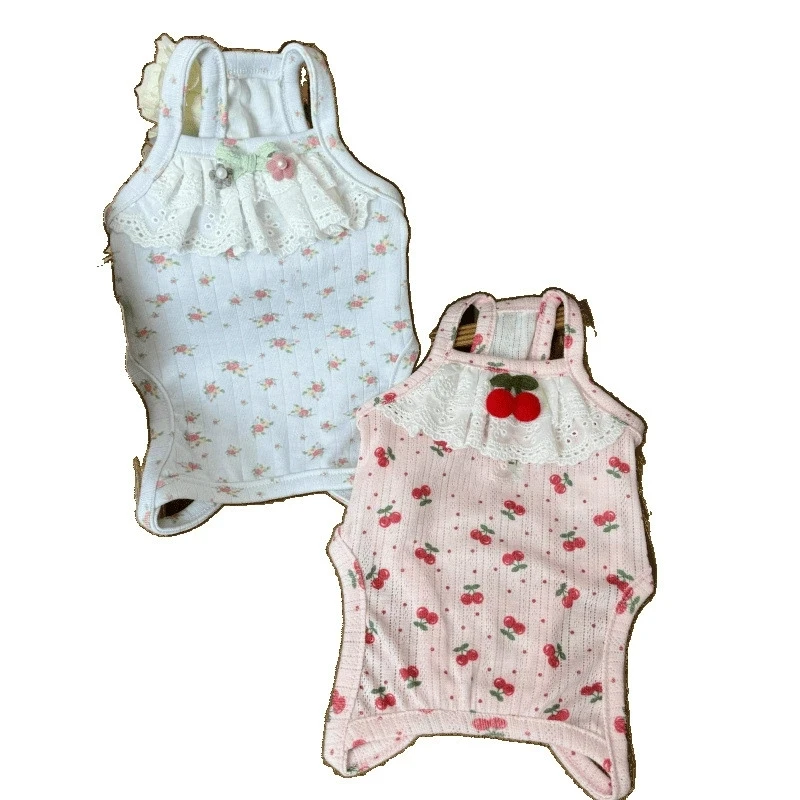 Hunde-Bodysuit mit Kirschmuster, atmungsaktiver Bauchschutz mit Spitzenbesatz für kleine Haustiere – Detail 6