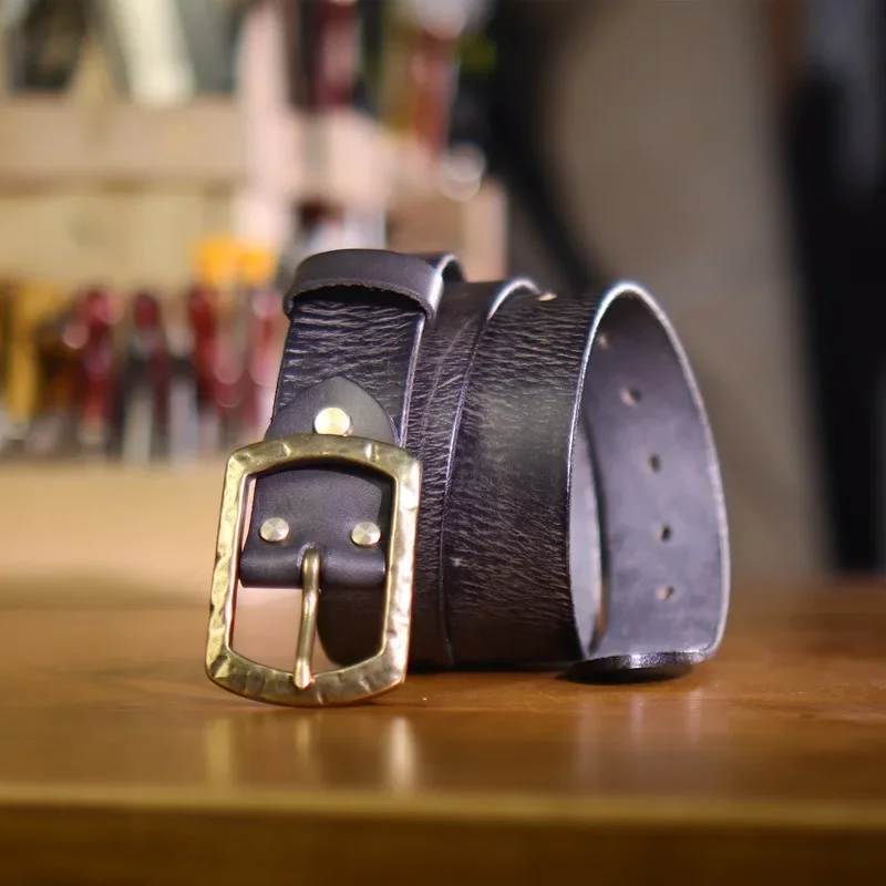 Vintage-style Genuine Leather Belt for Men with Brass Buckle Amekaji Art design Fashion Belt 38mm Width