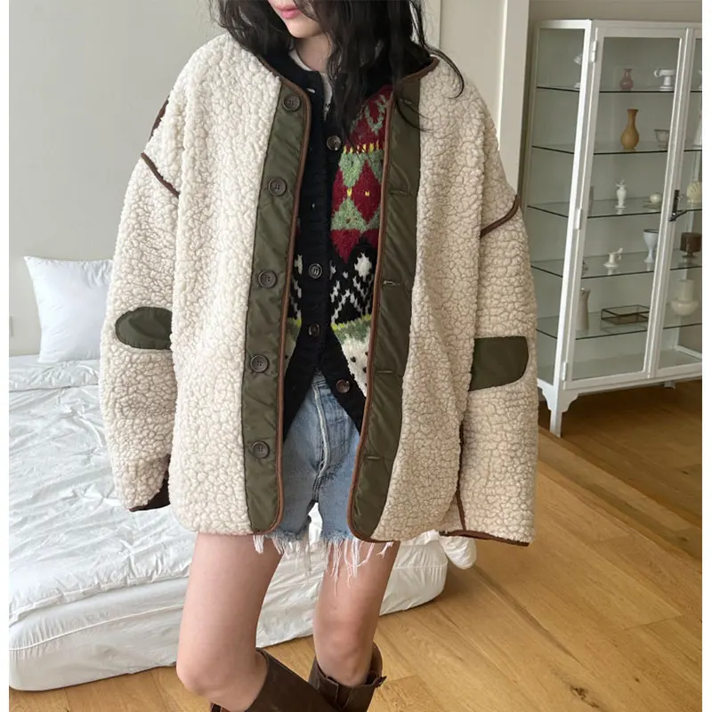 Pelliccia di agnello Jaet Donna Inverno Thiened Cotton Splice Design Sense Cappotto di cotone Capispalla rotondo Ne Loose Fit Lunghezza regolare