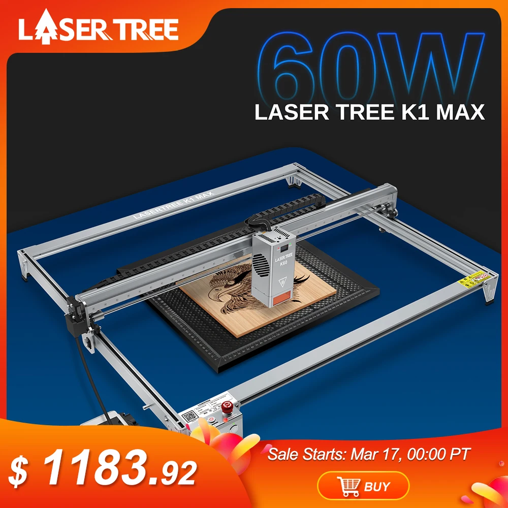 LASER TREE K1MAX Laser Engraver with 60W Laser Module Adjustable 20W 40W Power Module Engraving Cutting Machine Woodworking Tool