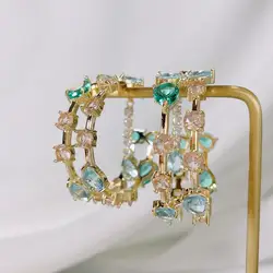 SENYU 2022 New Sparkling Color Zirconia Hoop Earrings Paved Full Crystal Double Circle Earrings Luxury Women CZ Jewelry