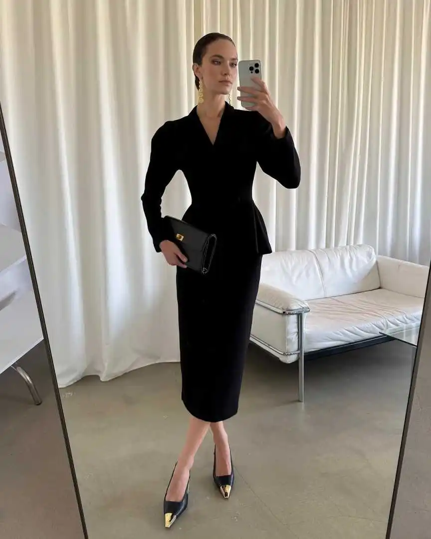 Elegant 2 Pieces Women Dress Slim Fit Tea Length Gown Shawl Lapel Customized Fashion Party Daily Dresses