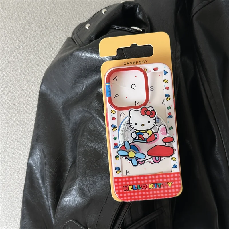 

Kawaii Plaid Pattern HelloKitty Magnetic Phone Case For iPhone 17 Pro 15 16 14 Pro Max Cover with Holder Cartoon Cases