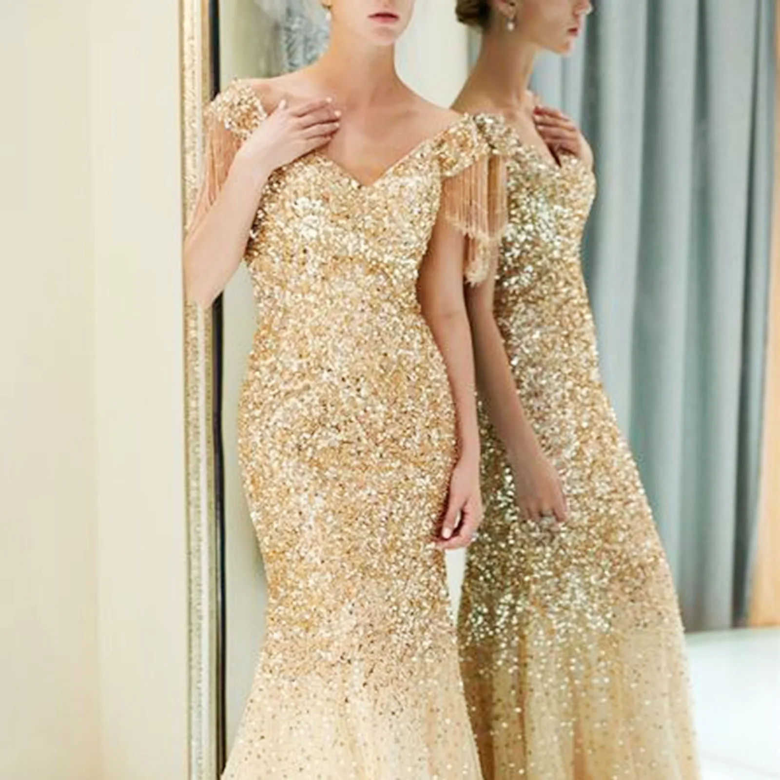 

2024 Europe And The United States New Women'S Slim-Fit Fishtail Skirt Sexy Sleeved V-Neck Dress Sprinkling Gold Long Dress