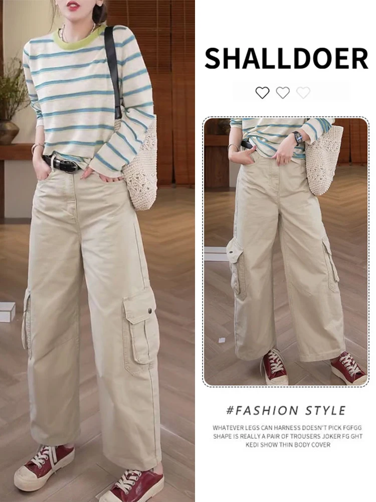 Retro Workwear Style Multi-Pocket Wide Leg Pants Women's Khaki Loose Slimming Casual Trousers High Waist Zipper Pure Color