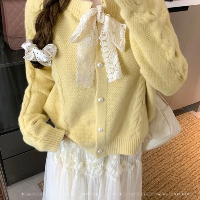 

New Autumn and Winter Sweater Lace Bow Cardigan Long-sleeved Sweater Top