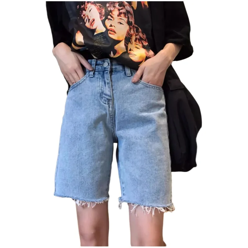 High Waist Five-Point Women's Jeans Summer Loose Retro Frayed Straight Leg Shorts Hong Kong Style Korean Version Slimming Mid-Pa