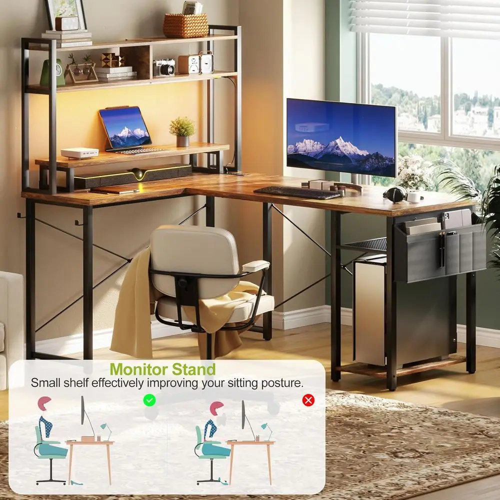 48 Rustic Brown L-Shaped Gaming Desk with LED, Monitor Stand, and Storage