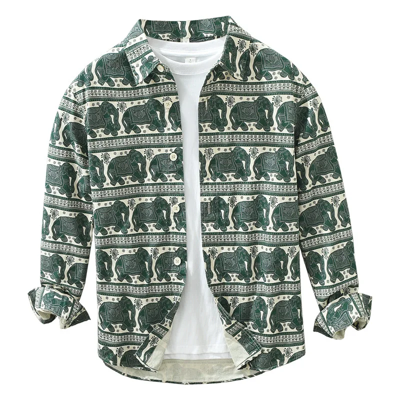 6903 Elephant Print Vintage Men\'s Shirt Spring Fall Fashion Creative Streetwear High Quality Long Sleeve Lapel Blouse Daily Tops